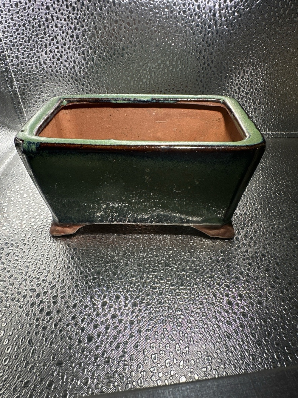 Green Glazed Rectangular Ceramic Planter bonsai clay footed 5”x3”